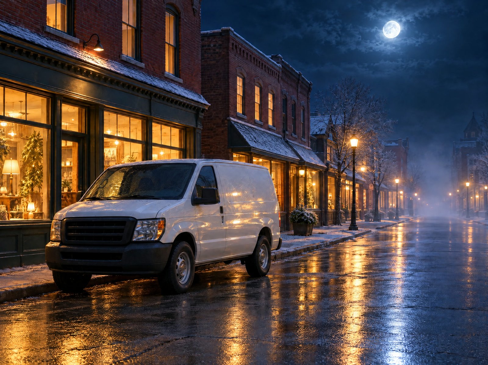 A service van parked on a quiet street at night under warm windows