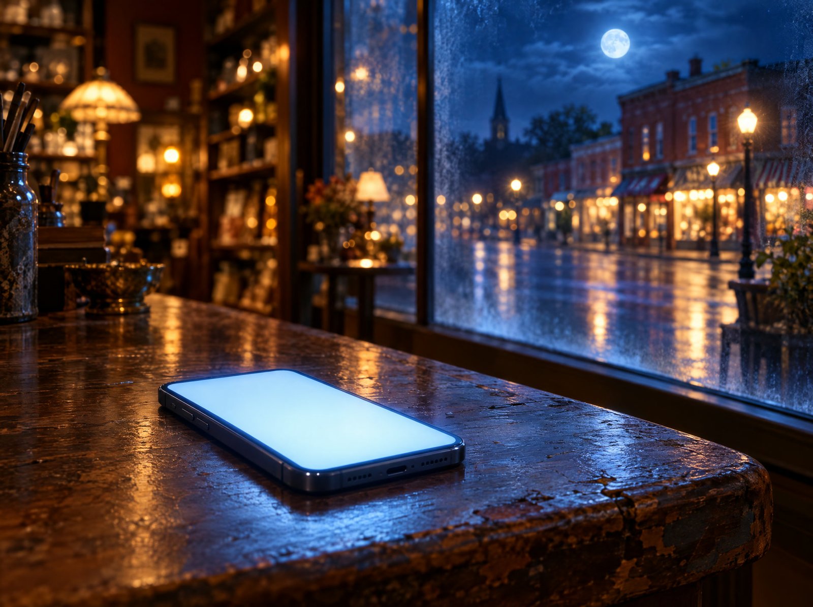 A phone screen glowing on a counter at night